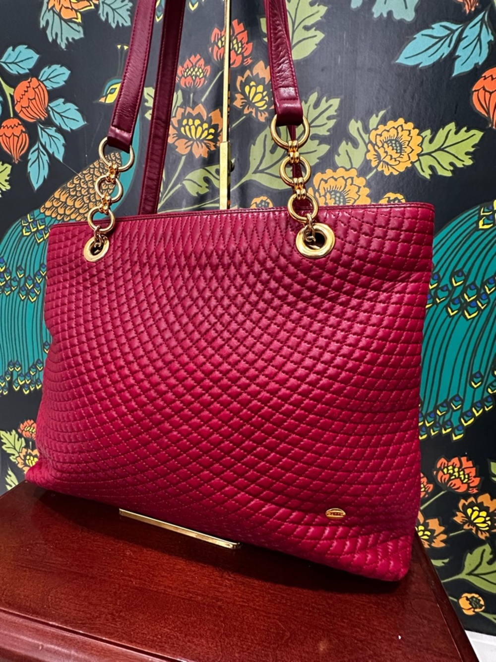 Vintage Bally Quilted Lambskin Tote Red Leather Gold Chain Italy 80s - Picture 5 of 15